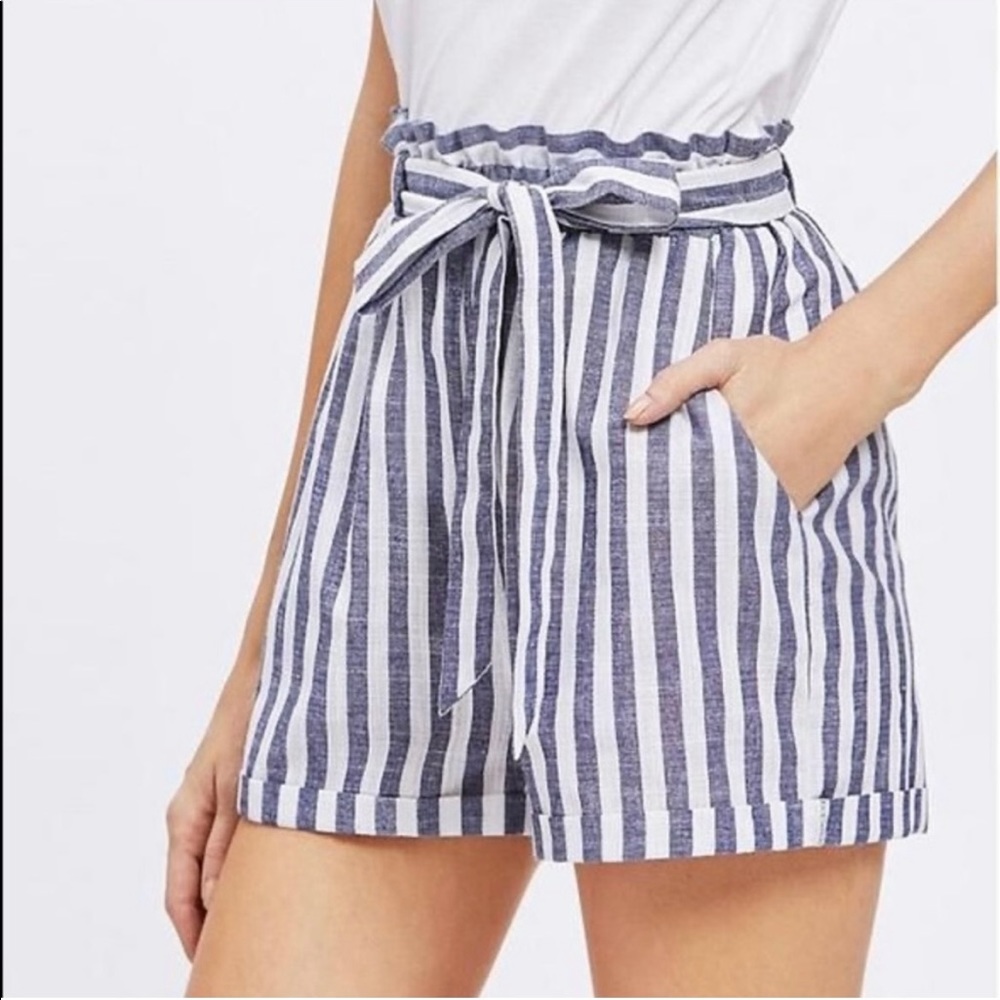 Cynthia Rowley 100% Linen Striped Paperbag High Waist Shorts